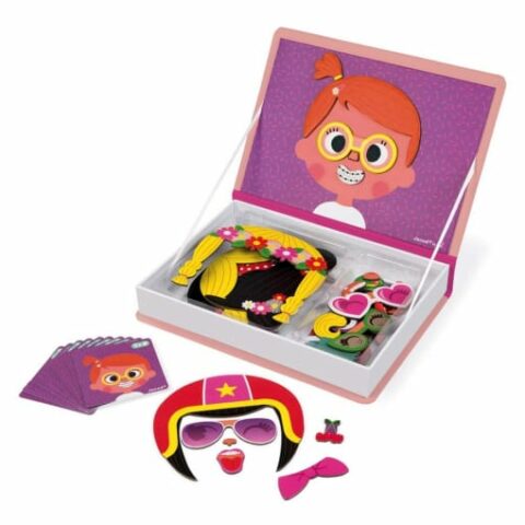 Magnetic open book with pieces of faces and objects such as glasses, helmets, etc