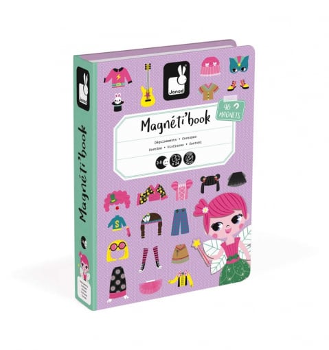 Pink magnetic book with a little girl on the cover and various clothes and accessories