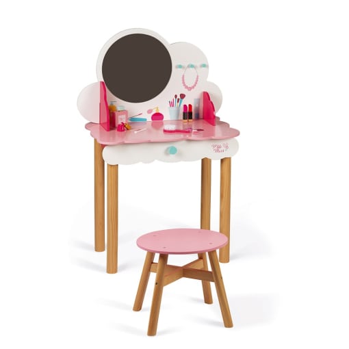 Wooden table with mirror and wooden stool.