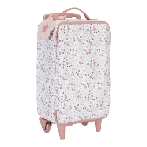 Suitcase with flowers and handles and wheels and flower tag for baby's items