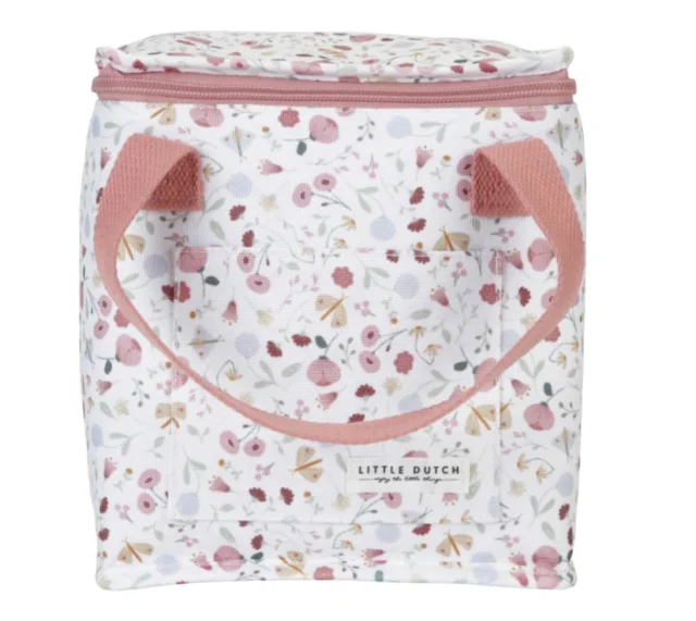Bag with flowers and pink handles. There is also an outside seat!