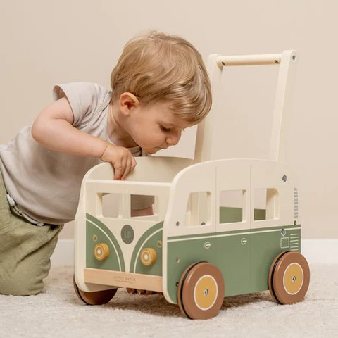 vintage truck shaped wooden pram in white and mint Volkswagen style