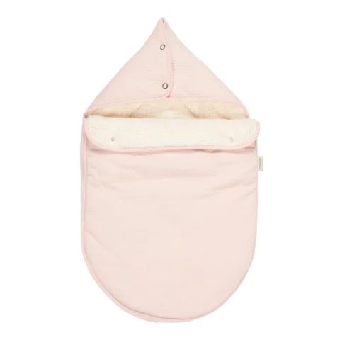 pink footmuff with fur inside and cotton fabric outside