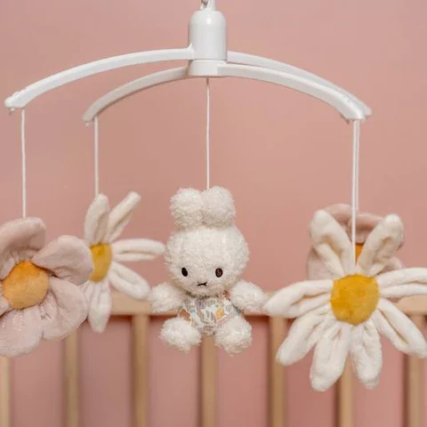 mobile with 4 arms with flowers and the miffy bunny in the middle