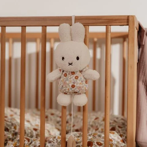 Miffy bunny with vintage flowers and wooden ring with string