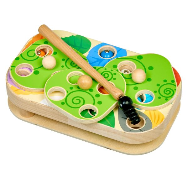 Wooden toy with fishing pole for caterpillars