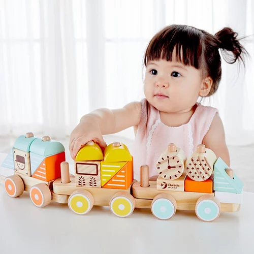 Wooden train with detachable bricks and a rope to drag it