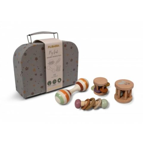 Suitcase with wooden toys such as rattle, cylinder, maracas