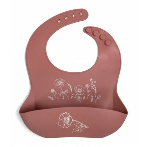 Silicone bib with buttons and large compartment for food.White flower design.