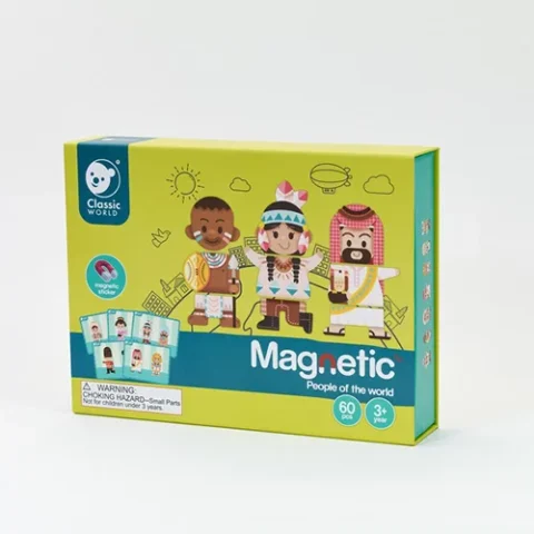 Box that becomes a magnetic canvas to form children of different races