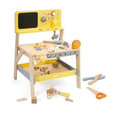 Wooden tool bench with all the essentials in natural wood color with yellow