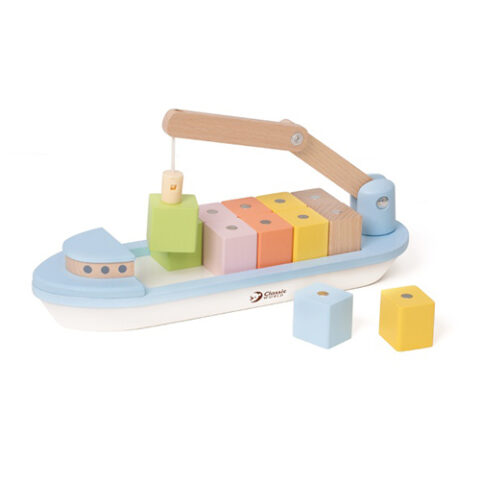 Wooden boat with wooden cubes and a crane with a magnet
