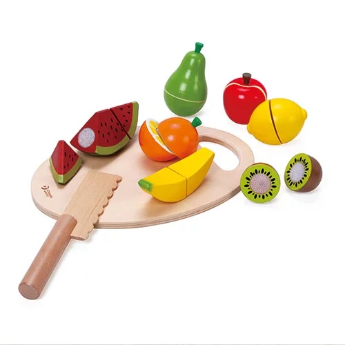 Wooden fruit with cutting board, knife and fruit