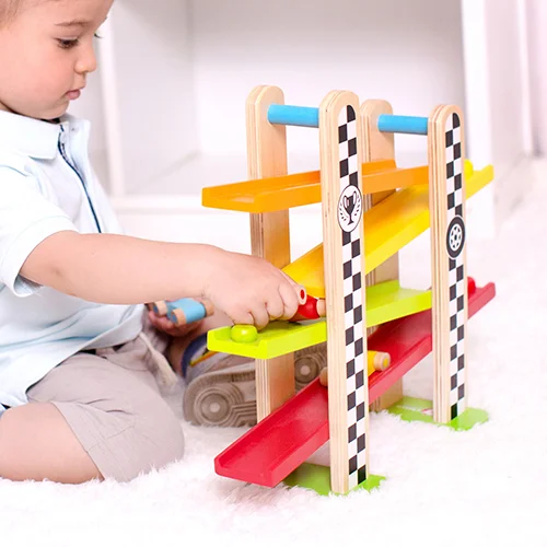 Wooden zig zag track with colors and wooden cars