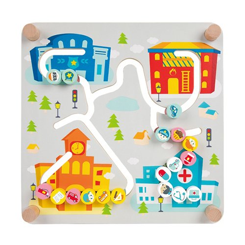 Routes on a wooden board with pictures and small cars