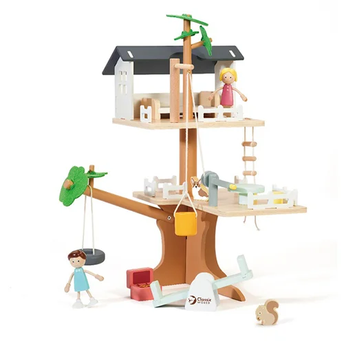 Wooden tree house with figures and accessories