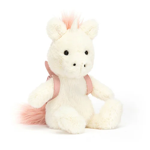 White unicorn with pink mane and backpack