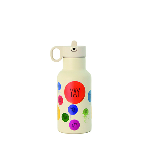 White pagourino with polka dots in colors and the word yay. With straw and handle.