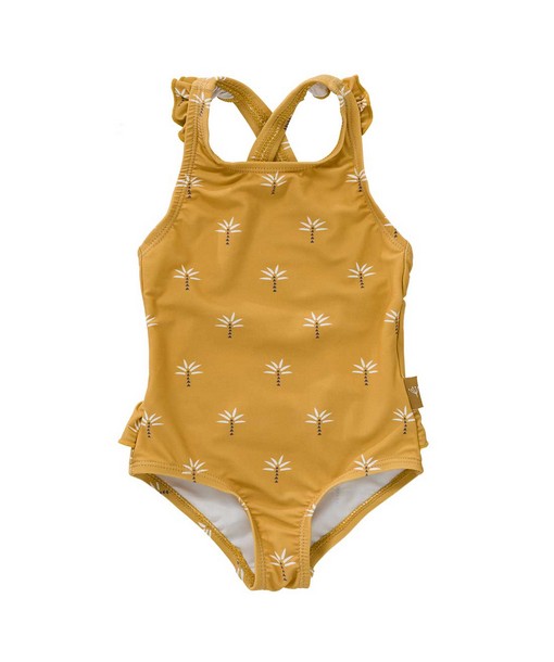 mustard swimsuit with palm trees