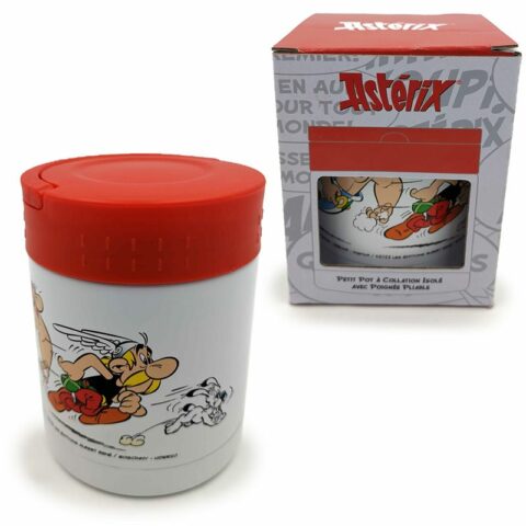thermos with red cap and handle and pictures of the asterix