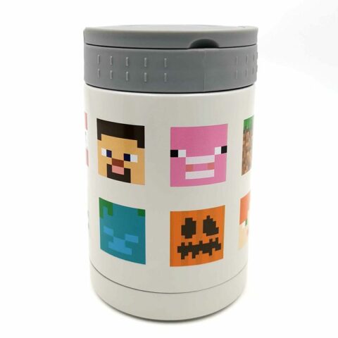 thermos with grey lid and handle and minecraft designs