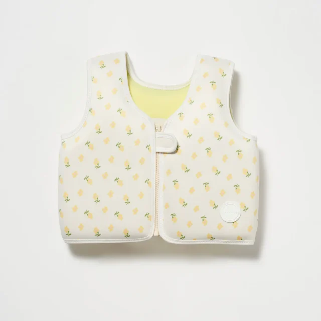 Sleeveless vest with zipper and velcro in off-white with yellow flowers